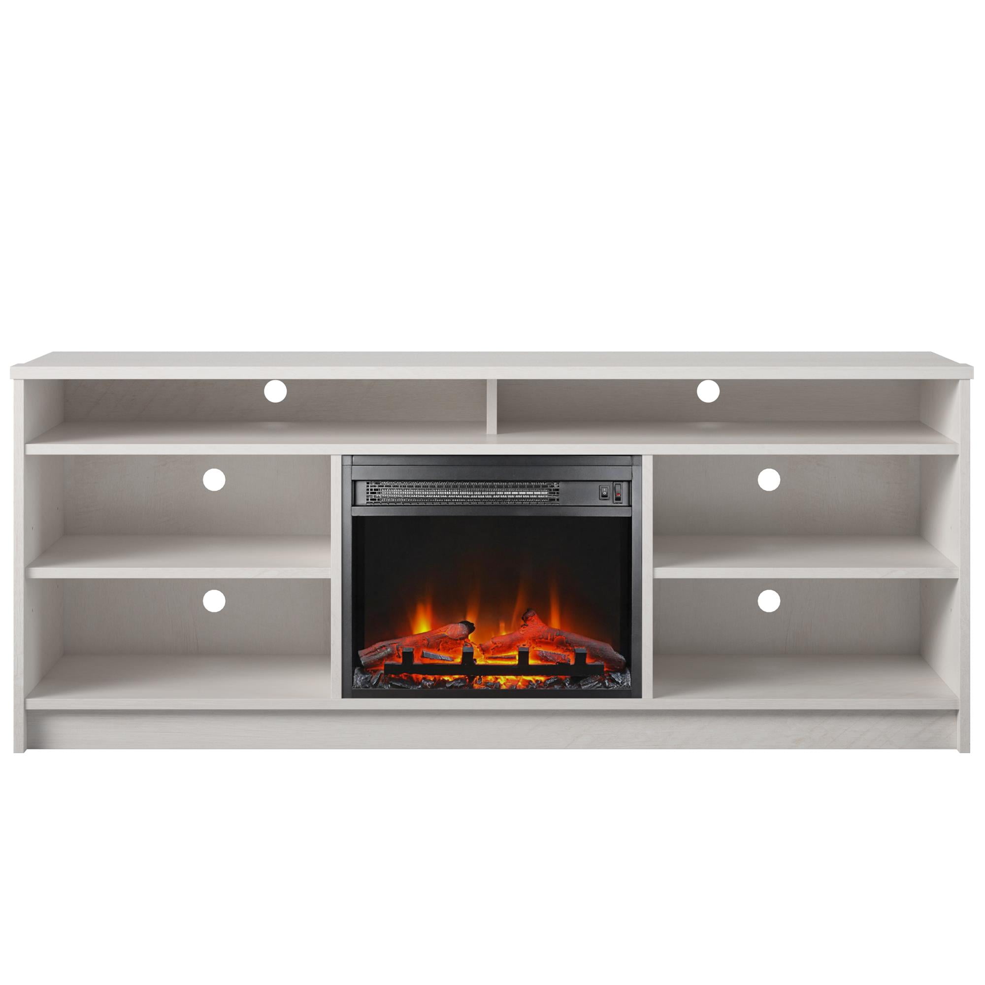 Ameriwood Home Heston 65" TV Stand with Electric Fireplace Insert and 6 Shelves, Ivory Oak