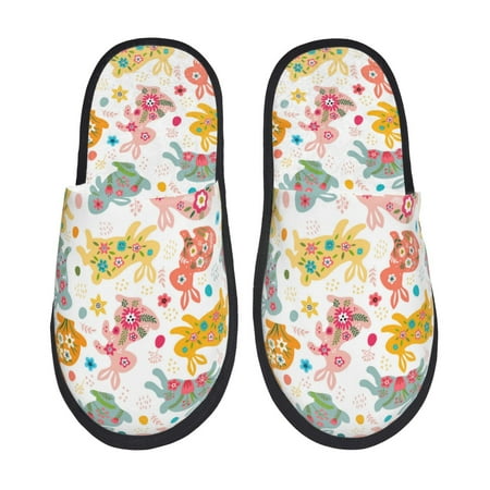 

House Slippers for Women Men - Flower Print Cute Rabbit_A Warm Non-slip Mens Womens Slippers Cozy Slip-on House Shoes Bedroom Outdoor Indoor Slippers for Men