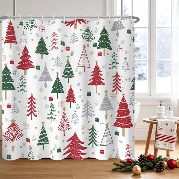 Duangreer Cute Christmas Waterproof Fabric Shower Curtain for Bathroom, 72x72 Inches with Hooks, Hand Drawn Xmas Trees Print Decors Bath Curtains