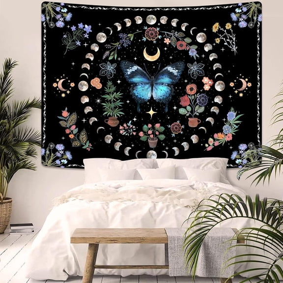 Blue Butterfly Moon Flower Tapestry Boho Floral Plant Tapestries for Bedroom Aesthetic Nature Tapastry's Wall Hanging Mandala Botanical Wall Tapestry for Living Room Dorm (Blue, 40'' × 30'')