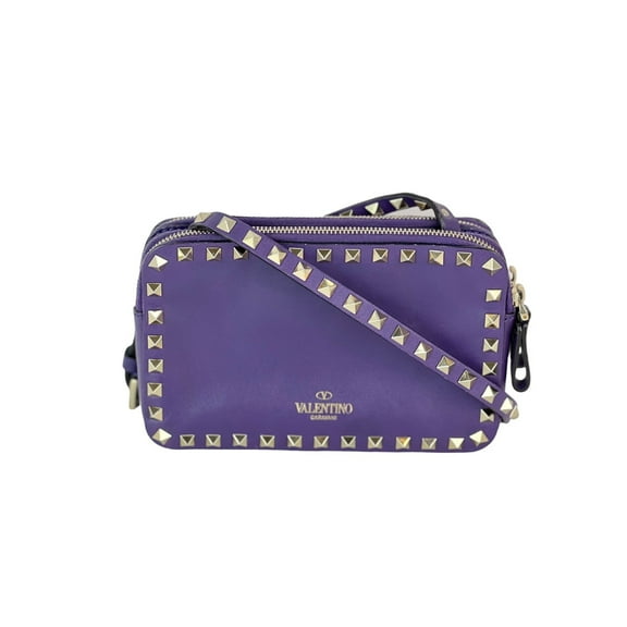Pre-Owned Valentino Rockstud Double Zip Purple Leather Crossbody Bag
