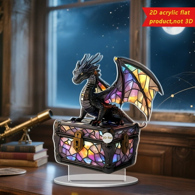 Dragon Ornament Guarding Treasure Chest - 2D Desktop Decor for Home Office, Living Room, or Study
