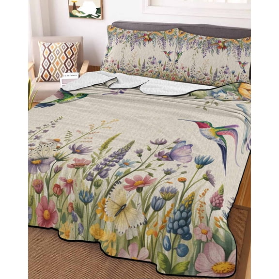 Spring Floral King Size Down Alternative Comforter,Lightweight Comforter Quilt Bedding Set with Pillow Shams Daisy Sunflowers Wisteria Hummingbird Beige Bed Comforter Duvet Insert 96"x106"