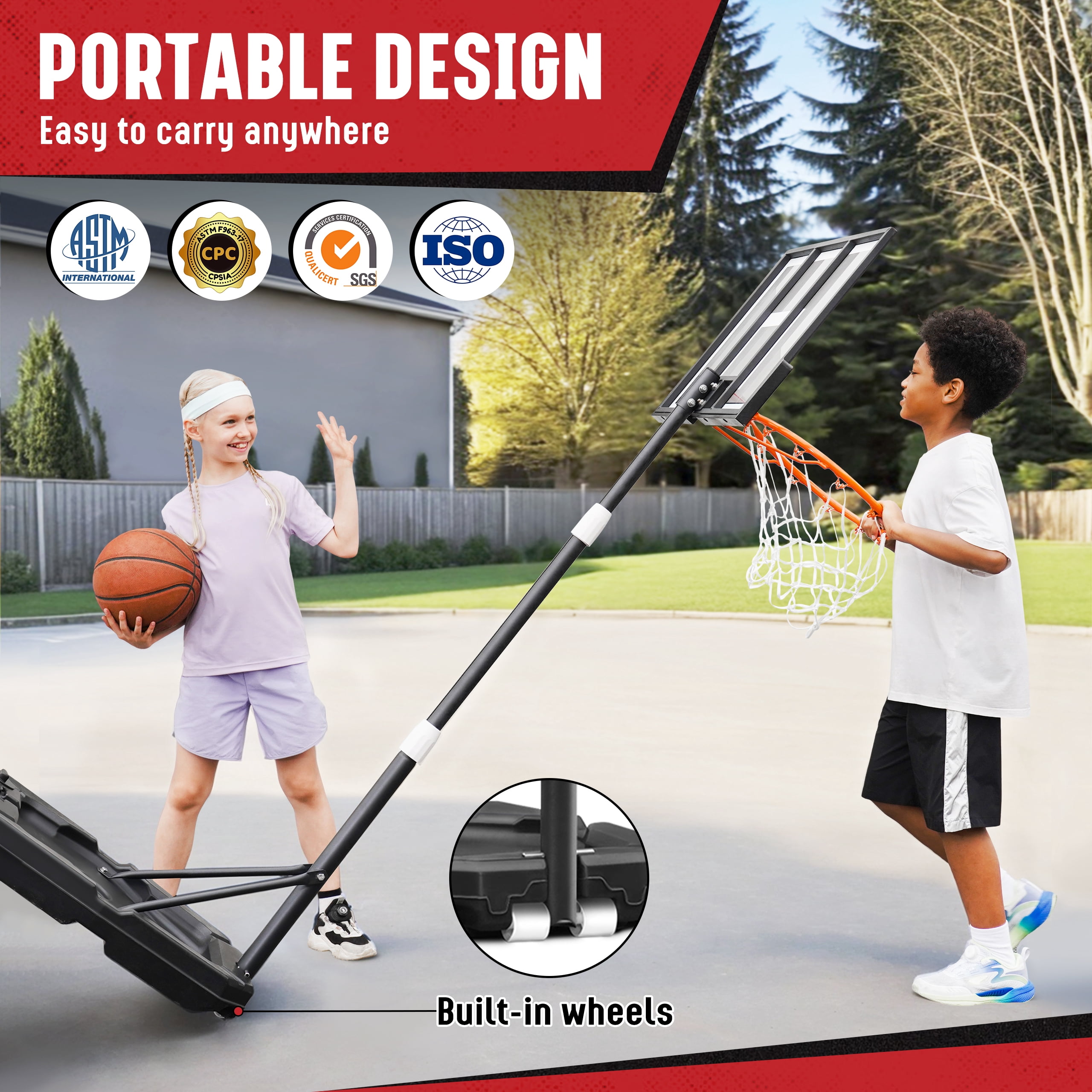 SERAY Adjustable Basketball Hoop for Kids, Teens & Adults, 3.2-7.2 feet Height, Portable Basketball Goal with 29 inch Backboard & 2 Wheels for Indoor & Outdoor Use