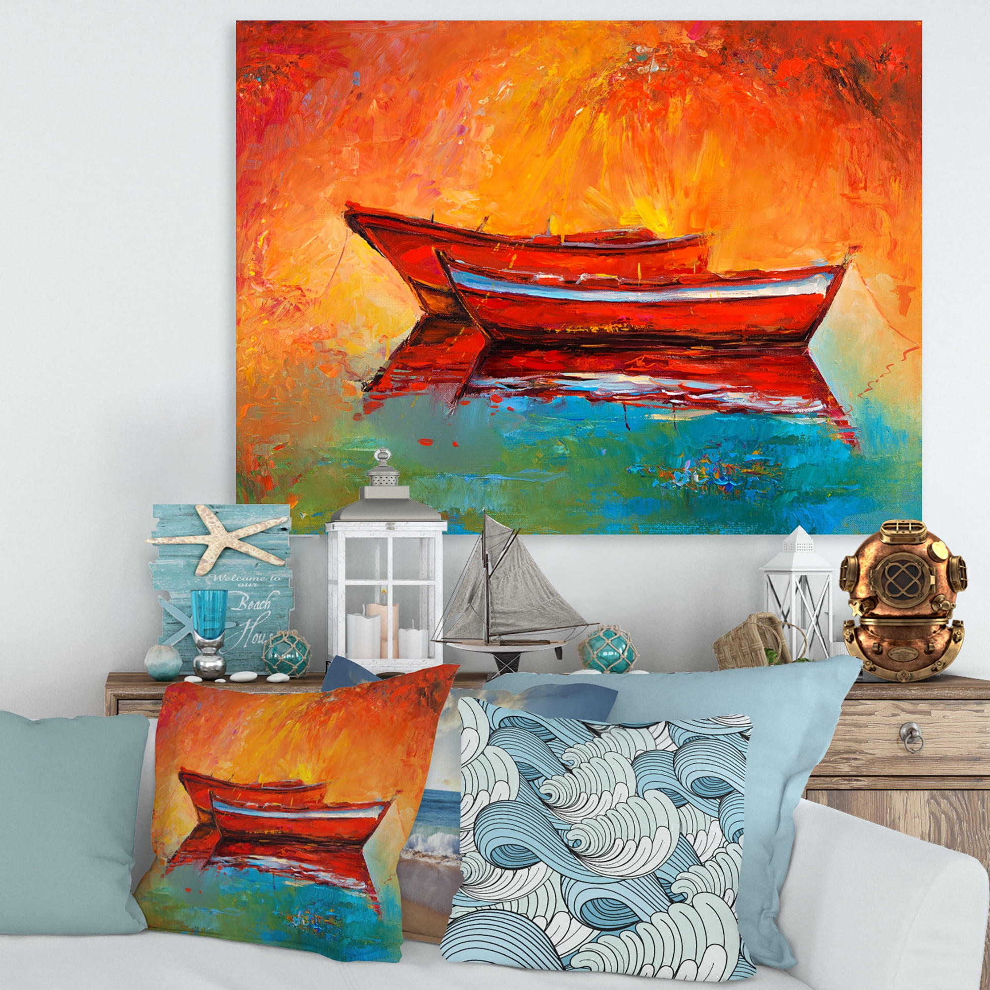 Designart ' Two Red Boats During Sunset In Lake ' Nautical & Coastal Canvas Wall Art Print