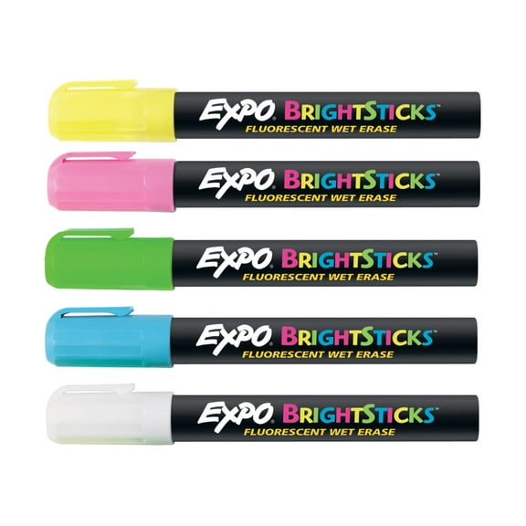EXPO Bright Sticks Wet Erase Fluorescent Markers, Bullet Tip, Assorted Colors, 5 Count