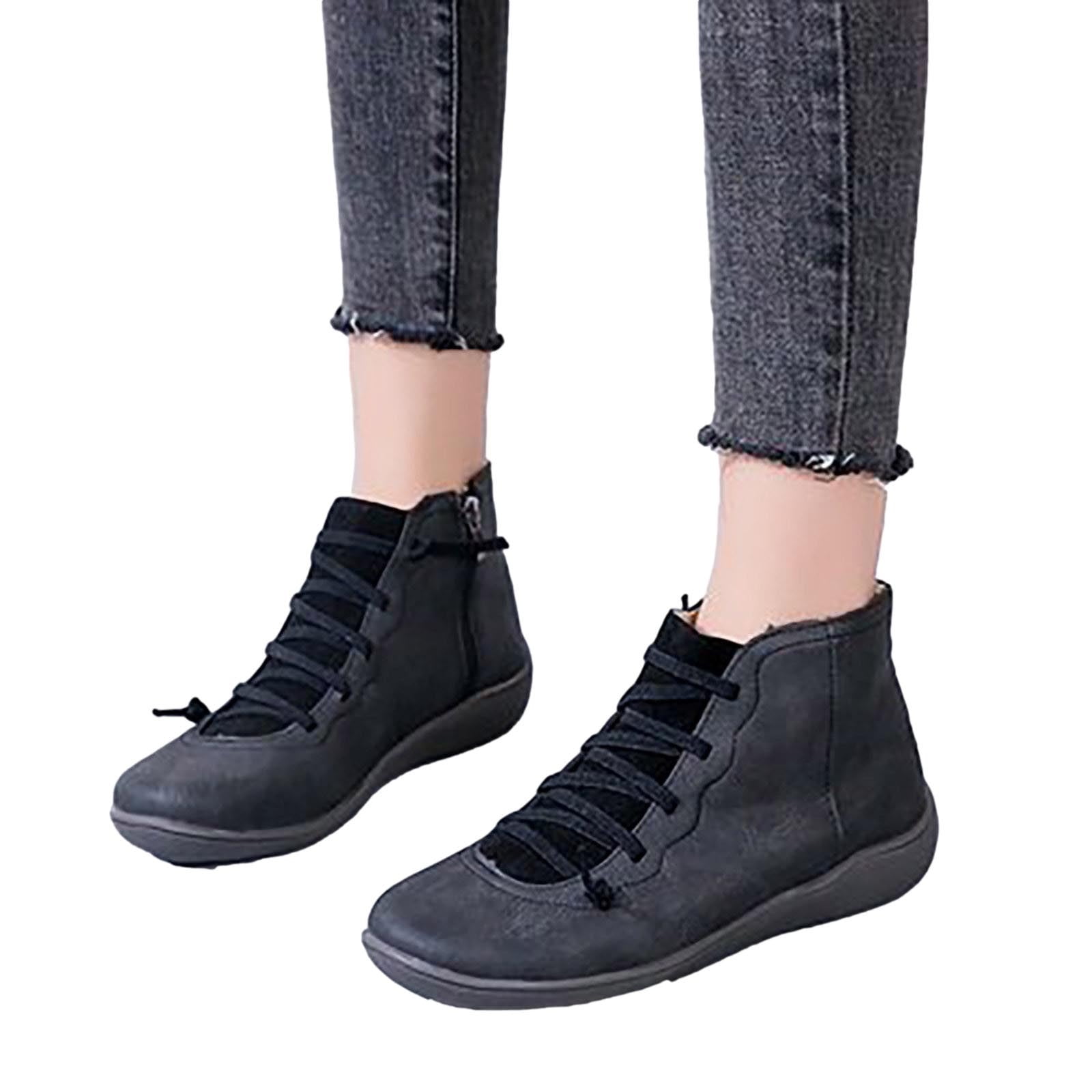 Summer Saving Clearance AXXD Women's Vintage Lace Side Zip Round Toe Flat Boots Fall Boots for Women Clearance Black Size 40(US:7.5)