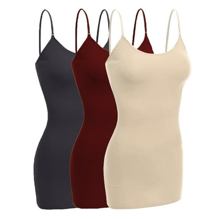 

Women & Juniors Basic Layering Built in Bra Spaghetti Strap Long Cami Top Tank