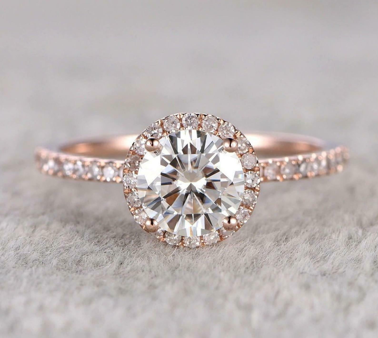HeartsAndYou Halo Solitaire with Accents Engagement Ring for Women 2ct Round Moissanite 18k Rose Gold over Silver