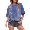 thumbnail image 2 of V-Neck Women's Short Sleeve T-shirt Summer Tops For Women Short Sleeve Crewneck Oversized T Shirts Trendy Solid/Flower Printed Beach Vacation Clothes,Blue Women's Short sleeve T-shirt XXXL, 2 of 5
