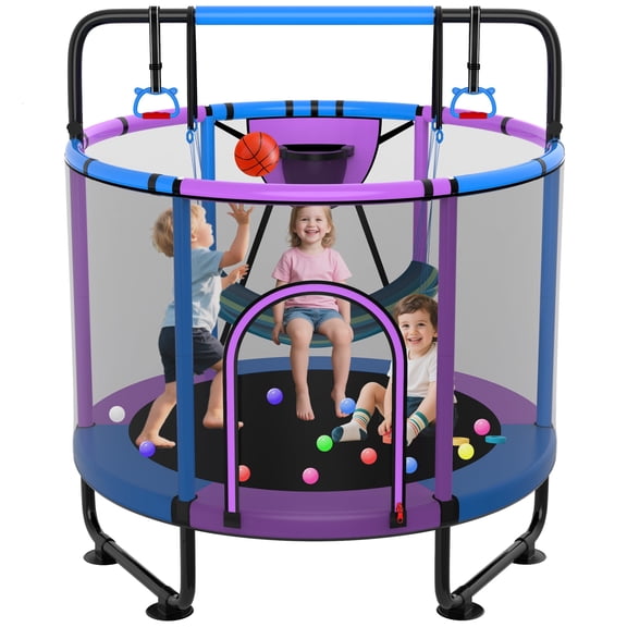XMIKA Trampoline for Kids, 66'' Toddler Trampoline with Enclosure, Swing, Basketball Hoop, 5.5FT Indoor/Outdoor Trampoline with Adjustable Gymnastics Bars, Rings, Mini Trampoline for Boy and Girls