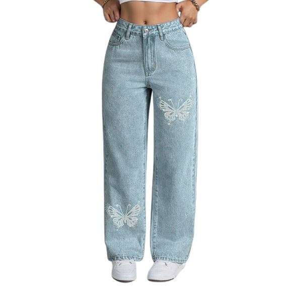 Aocisk Women's High Waisted Stretch Jeans with Rhinestone Design Straight Leg Pants for Women Comfort Denim for Casual Wear and Fashionable Style Blue S