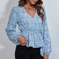 thumbnail image 4 of Print V Neck Wrap Top Lantern Long Sleeve Ruffle Hem Women Floral Print Wrap Blouse for Female Blue Dense Flower XL, 4 of 6