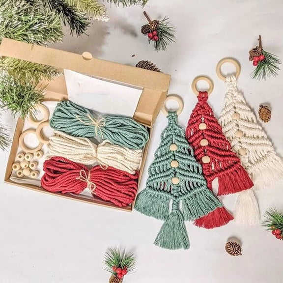 ADruer 3PCS DIY Self-Made Christmas Tree Macrame Kit, Christmas Macrame Woven Tree DIY Kit Wall Hangings, Christmas Tree Boho Craft Hangings Decors