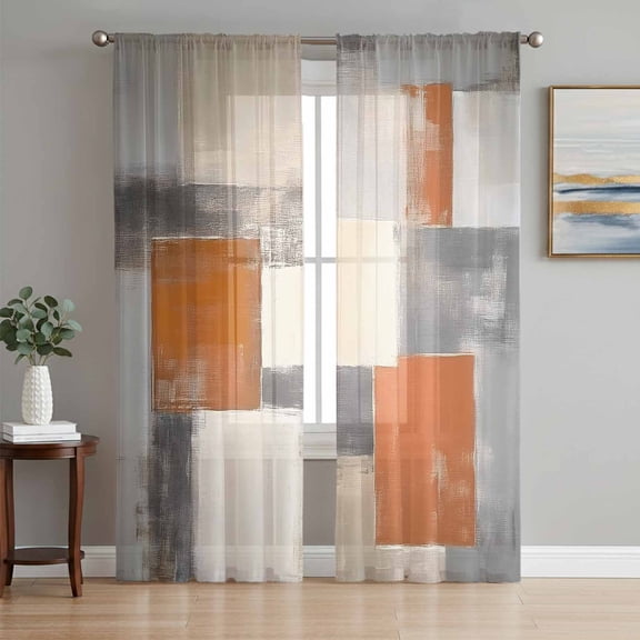 Burnt Orange Grey Semi Sheer Curtains 96 Inch Length 2 Panels Set, Modern Abstract Oil Painting Sheer Kitchen Curtain Privacy Voile Window Curtain for Living Room Bedroom Rod Pocket Drapes