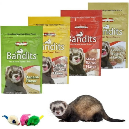 Marshall Bandits Premium Ferret Treats Variety Pack - 4 Flavors Chicken, Peanut Butter, Banana, and Meaty Bacon - 3 Ounces Each 4 Total Pouches