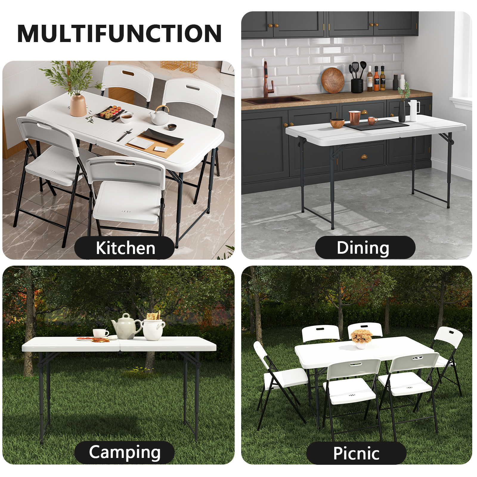 Hommoo 4ft Plastic Folding Table, Indoor Outdoor Heavy Duty Portable w/Handle, Lock for Picnic, Party, Camping, White