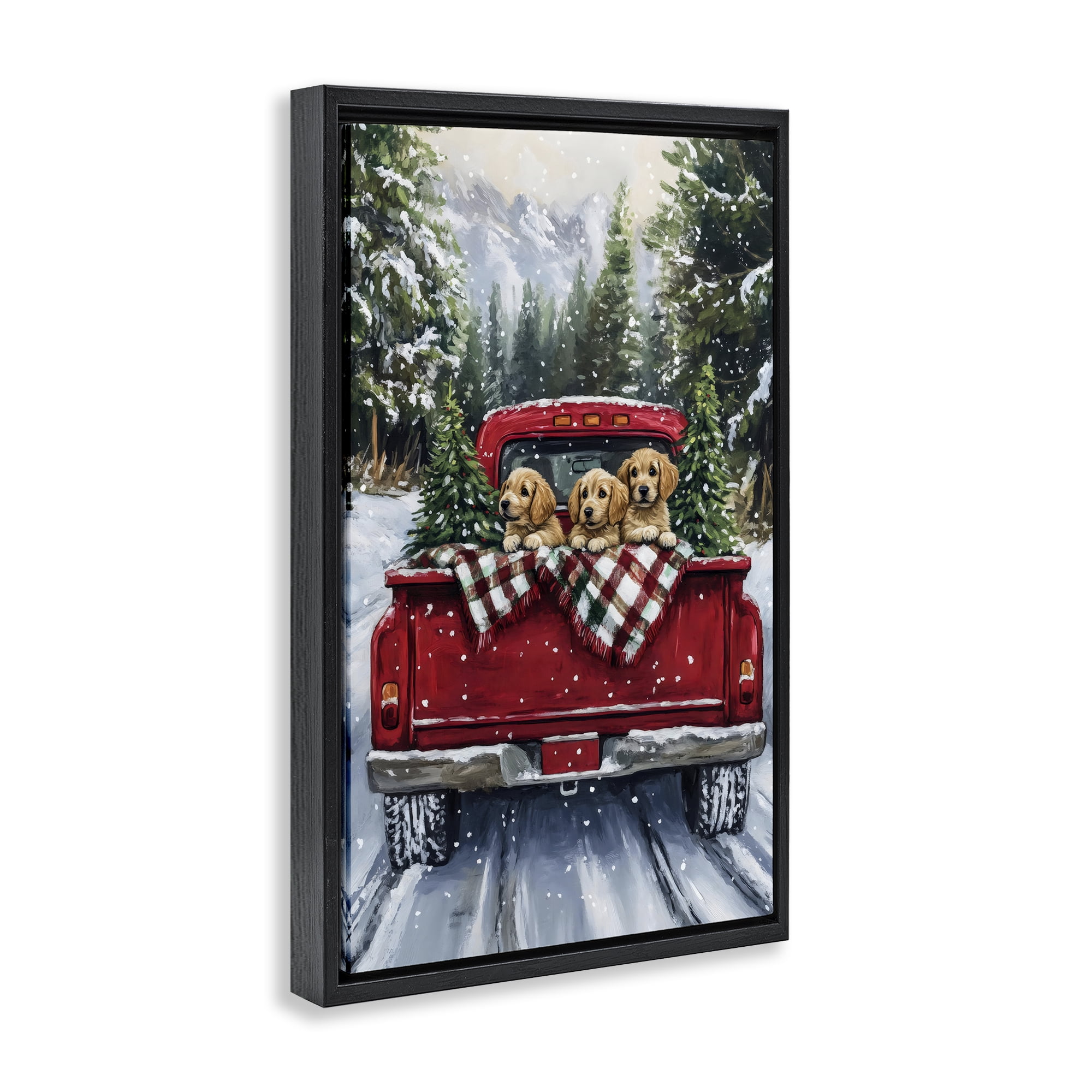 Golden Pups Christmas Truck Black Framed Floater Canvas Wall Art, design by Petal Prints Design