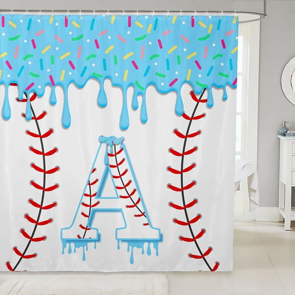 Manfei Cute Baseball Shower Curtain 72Wx72L, Cartoon Personalized Initial ABathroom Curtain, Light Blue A