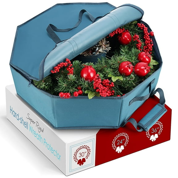 Hearth & Harbor 30" Christmas Wreath Storage Container with Interior Pockets and Dual Zippers, Blue