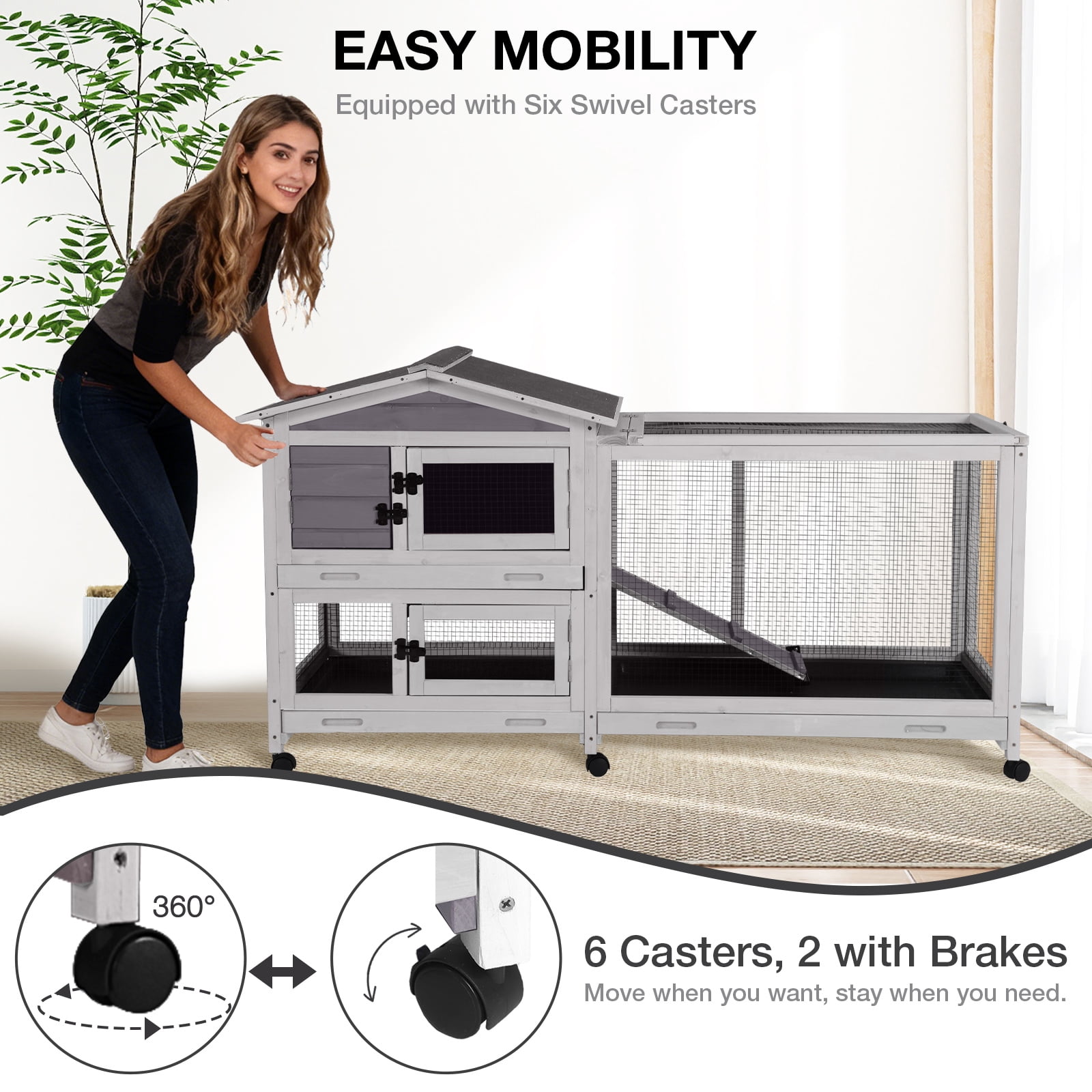 Aivituvin 62" Rabbit Hutch with Wheels for Outdoor & Indoor, 2-Story Bunny Cage with Pull Out Tray, Chew-Proof Ramp, Waterproof Roof