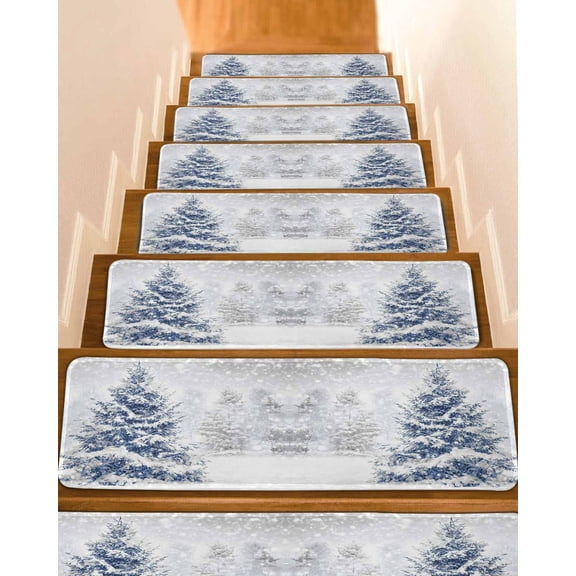 Christmas Tree Stair Treads for Wooden Steps Indoor Runner Rug Carpet, Blue Tree Xmas Snowflake Winter 4 Pieces Peel and Stick Staircase Step Treads Covers Washable Throw Door Mats, 30"x8"