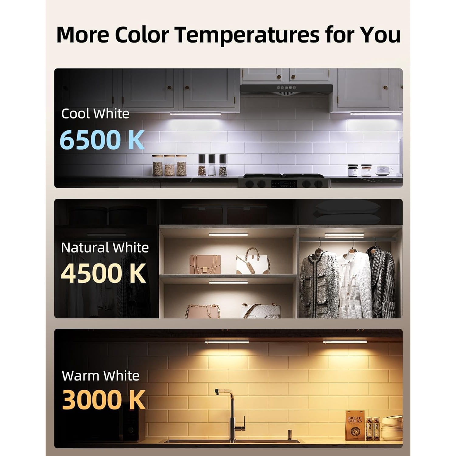 6-Pack Under Cabinet Lighting, 2000mAh Rechargeable Wireless Motion Sensor Lights, 62LEDs, 3 Color Temps, Dimmable, Timer, Magnetic, with Remote Control for Kitchen, Closet, Stair