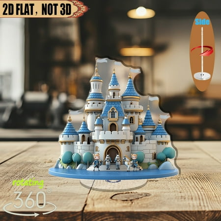 [2D flat] 1PC Rotating acrylic tabletop display featuring a fairytale castle with knights surrounded by trees ideal for home office decoration party centerpiece or gifts