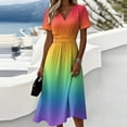 thumbnail image 2 of Laqbezok Gradient Ombre Short Sleeve Midi Dress, Elegant Ruched High Waist Slimming Summer Dress, Casual V-Neck A-Line Flare Fashion Outfit, Vibrant Sun Dress, 2 of 6