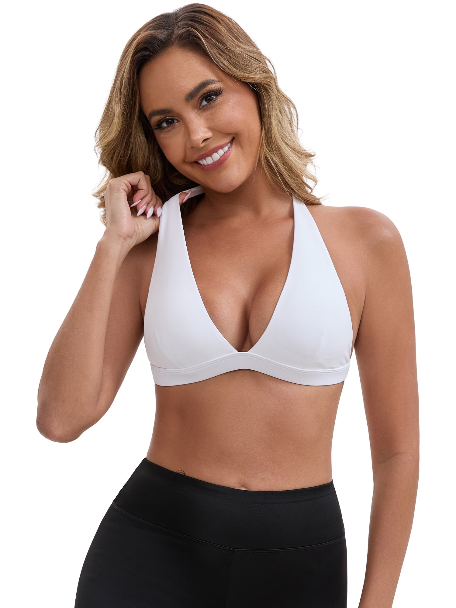 DARING DIVA Backless Plunge Sports Deep V Halter Neck Bras XL White