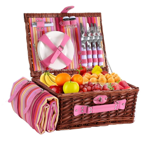 Canasta de picnic HYBDAMAI de mimbre para 4 personas con manta y nevera rosa