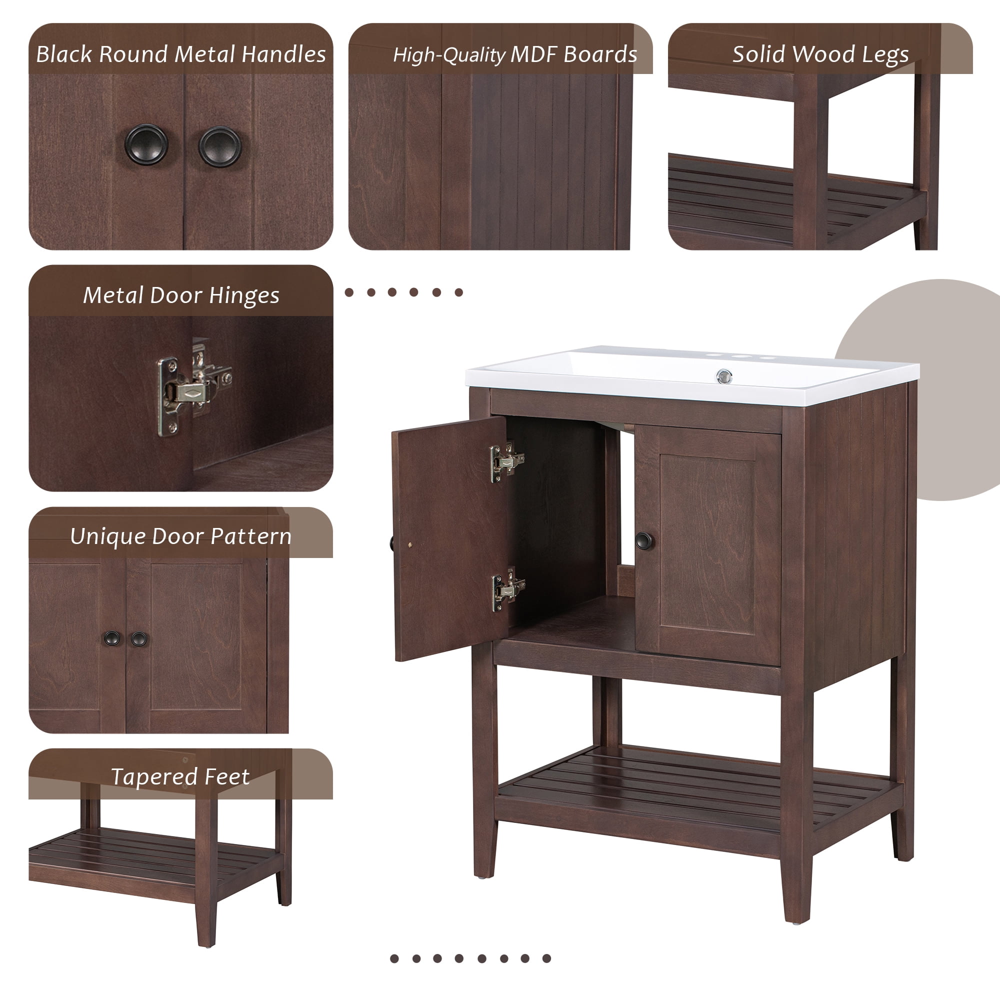 Euroco 24" Modern Sleek Bathroom Vanity with Elegant Ceramic Sink, Solid Wood Frame, and Open Style Shelf