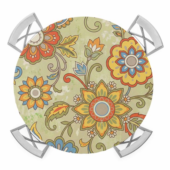 Yellow Green Boho Floral Round Fitted Tablecloth with Elastic Edge, Waterproof Table Cloth Table Cover for 36"-44" Tables, Retro Rustic Abstract Flowers Tablecloths for Dining Picnic Indoor Outdoor
