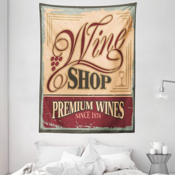 Vintage Tapestry, Vintage Rusty Pop Art Style Sign for Wine Shop Past Time Adds Bohemian Art Print, Wall Hanging for Bedroom Living Room Dorm Decor, 60W X 80L Inches, Orange Red, by Ambesonne