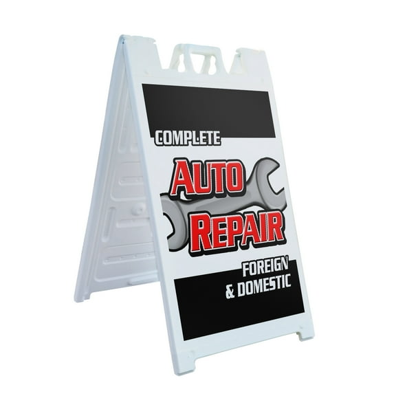 A-frame Sidewalk Complete Auto Repair Foreign & Domestic 24" x 36" Double Sided A-Frame Sidewalk Sign, Includes 2 Plastic Inserts | Foldable Portable White Signicade Sandwich Board