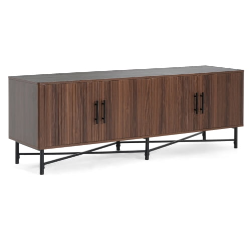 Functional 4-Door TV Cabinet, Modern Chestnut Entertainment Center with Adjustable Shelves, Cable Management, Iron Legs, Storage for Living Room, Fits 65 Inch TV, 66"x18"x23", Easy Assembly