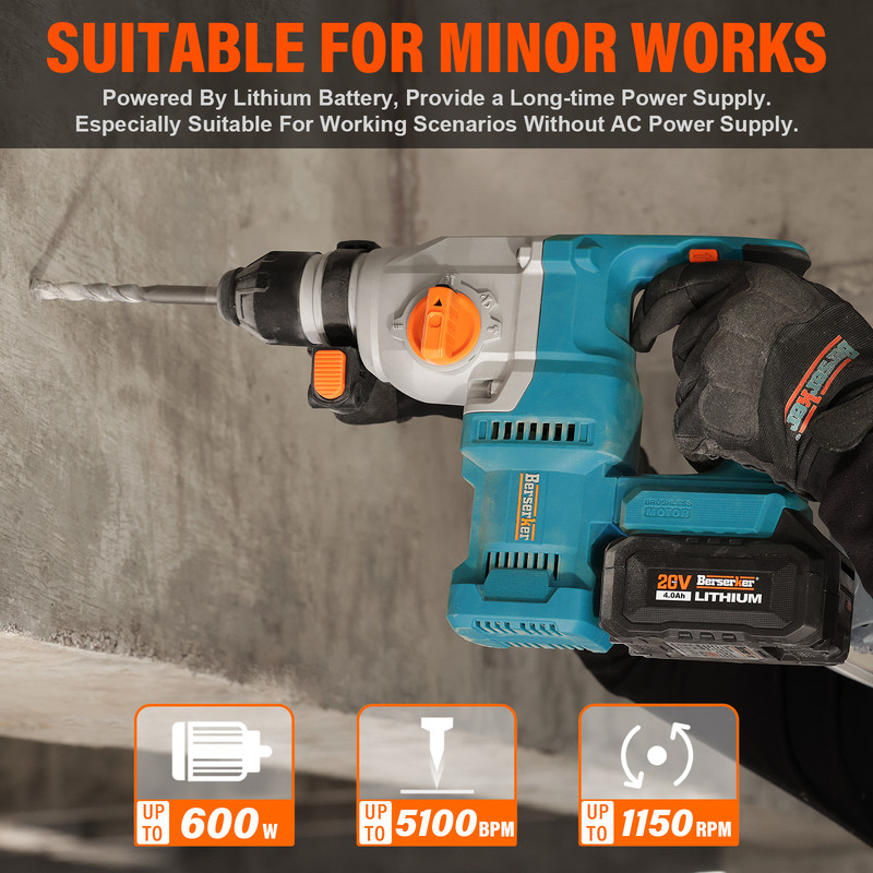 Berserker 20V Cordless SDS-Plus Rotary Hammer - Brushless Motor, 4.0Ah Battery & 3.0A Fast Charger, 4 versatile modes for all your home DIY needs