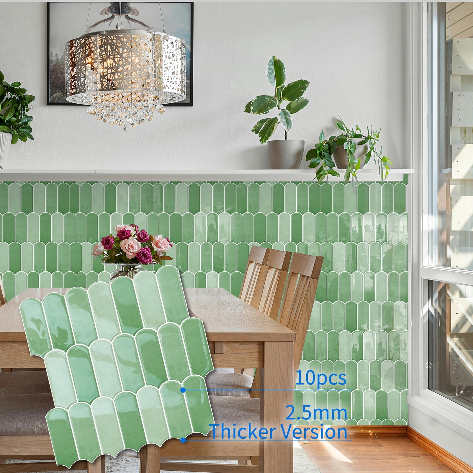 DEWOO 10-Sheet Upgraded Thicker Peel and Stick Kitchen Backsplash Tiles,Waterproof Self-Adhesive Vinyl Wall Tile Fish Scale Mosaic Design,for Bathroom,Fireplace and RV(Light Green,12"×12")