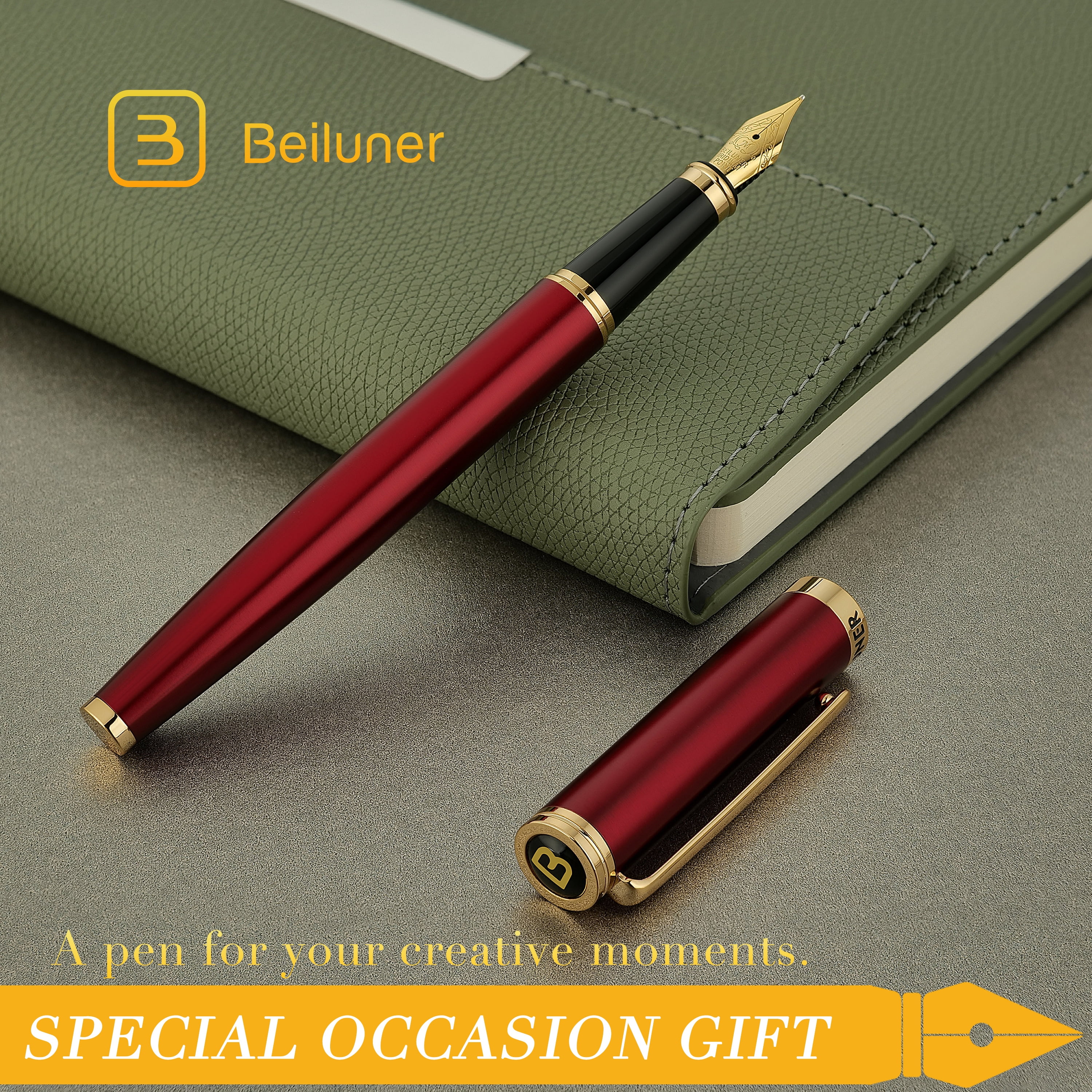 BEILUNER Red Fountain Pen,Stunning Luxury Pen,24K Gilded Nib(Medium),Gorgeous 24K Gold Finish,German Schneider Ink Converter,Trustworthy Pen Gift for Men&Women-Elegant,Executive,Nice Pen for Writing