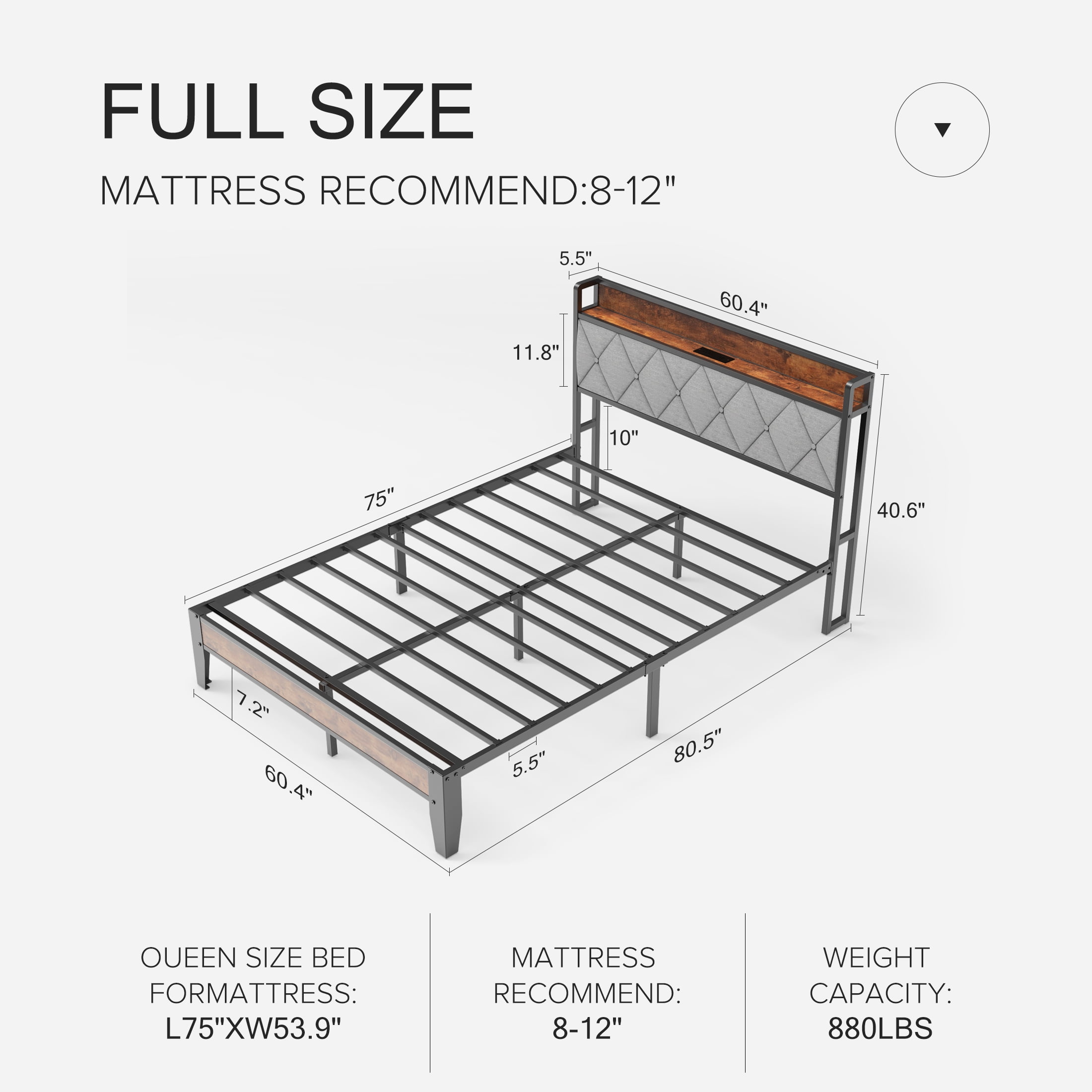 EDX Full Bed Frame with Headboard Integrated Charging Station, Spacious Underbed Storage, Simple No-Tool Assembly,  No Box Spring Required