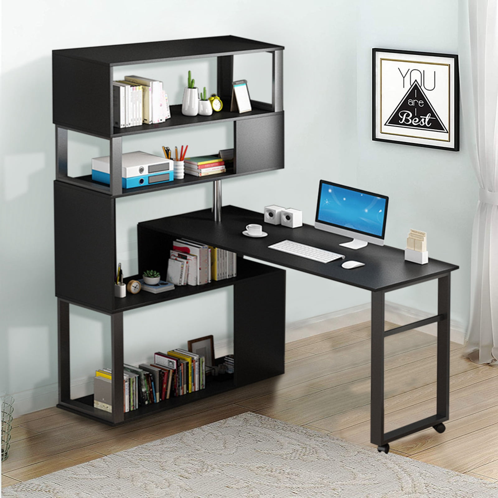Rotating Computer Table With 5-story 63" Tall Bookshelf L-shaped Corner Table 