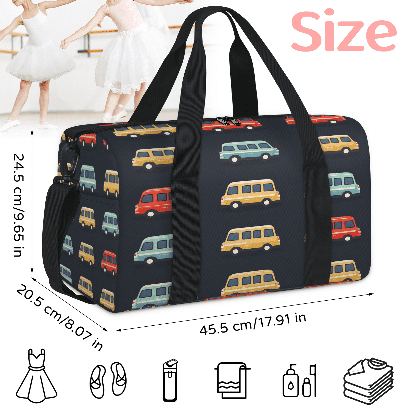 Herdesigns Bus Travel Duffle Bag Sports Yoga Weekender Overnight Carry on Workout Bags Lightweight Waterproof Gym Tote Bag for Women Transportation