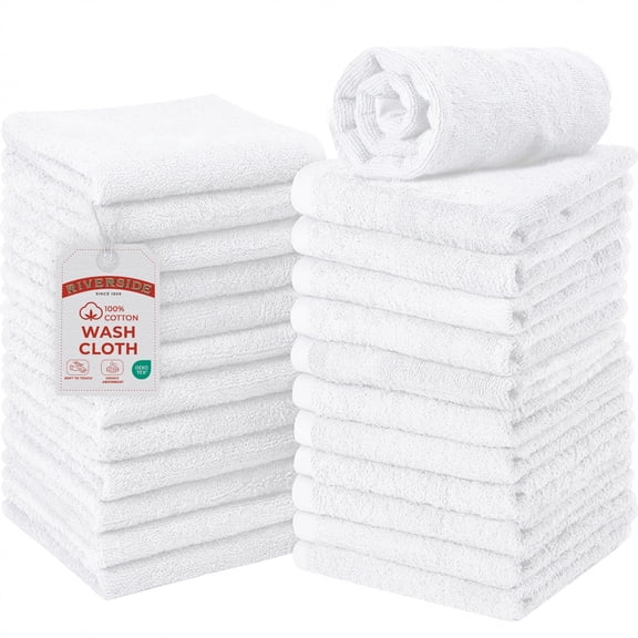 RIVERSIDE 24 Pack Luxury Washcloths 12x12 with Soft Cotton 400 GSM Quick Dry and Absorbent for Face & Body - White