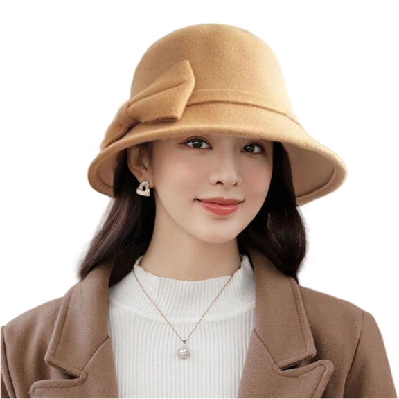 Women Wool Felt Cloche Hat with Decorative Bow Elegant Vintage Style Dome Cap for Autumn and Winter Wear