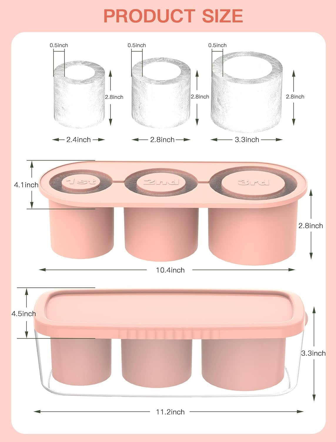 Ice Cube Tray for Tumbler Cup 30Oz-40Oz, 3 Pcs Silicone Cylinder Ice Mold with Lid and Bin for Freezer, Easy Fill and Release Ice Maker for Whiskey, Cocktail BPA-Free（pink）