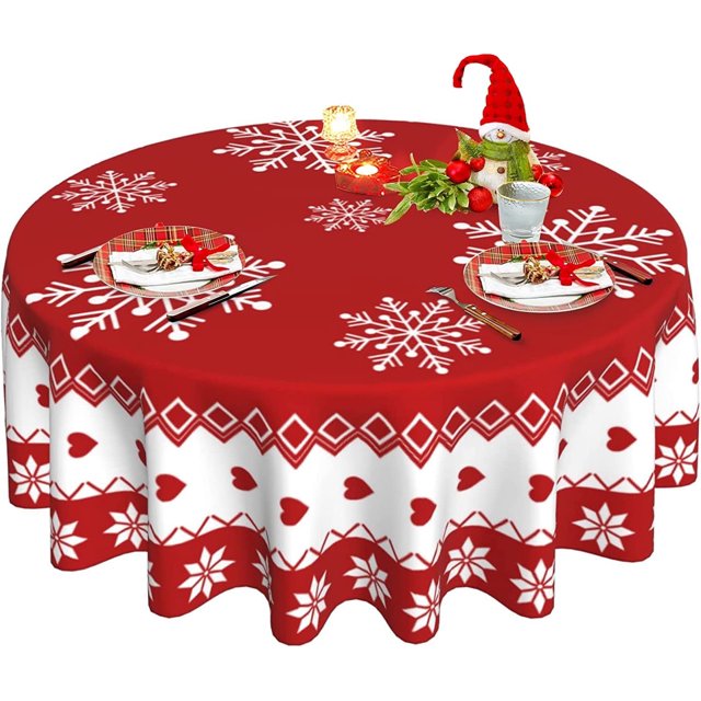 Nappe de Noël Rouge Ronde 60 Pouces Lavable Réutilisable Flocon de Neige pour Décoration de Table de Fête