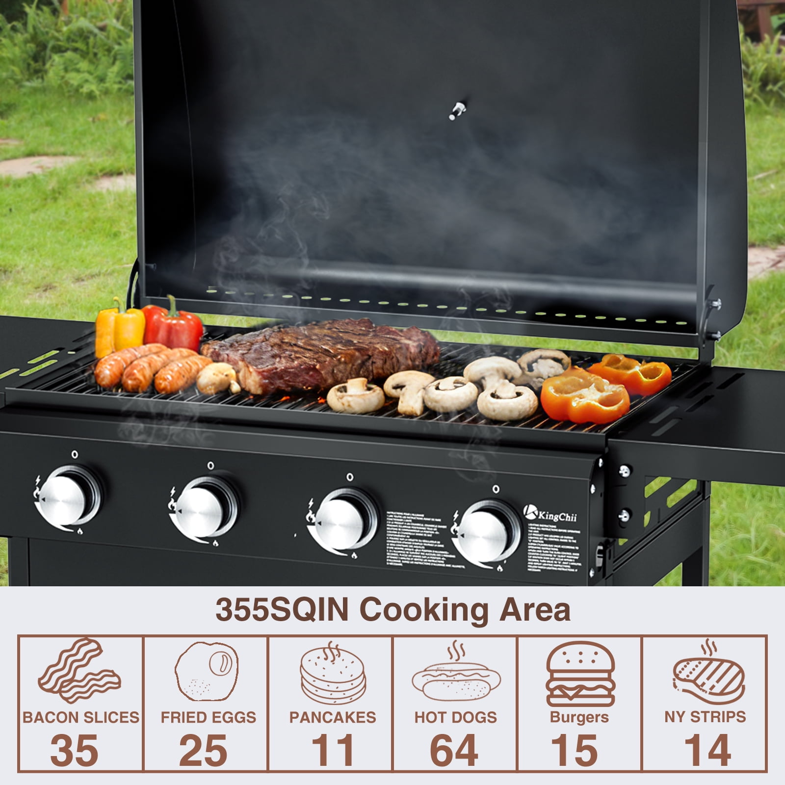 4-Burner Propane Grill Smoker, Kingchii 38,000 BTUs Gas Grill with Foldable Side Tables, Built-in Thermometer for Outdoor Grilling, BBQs and Camping