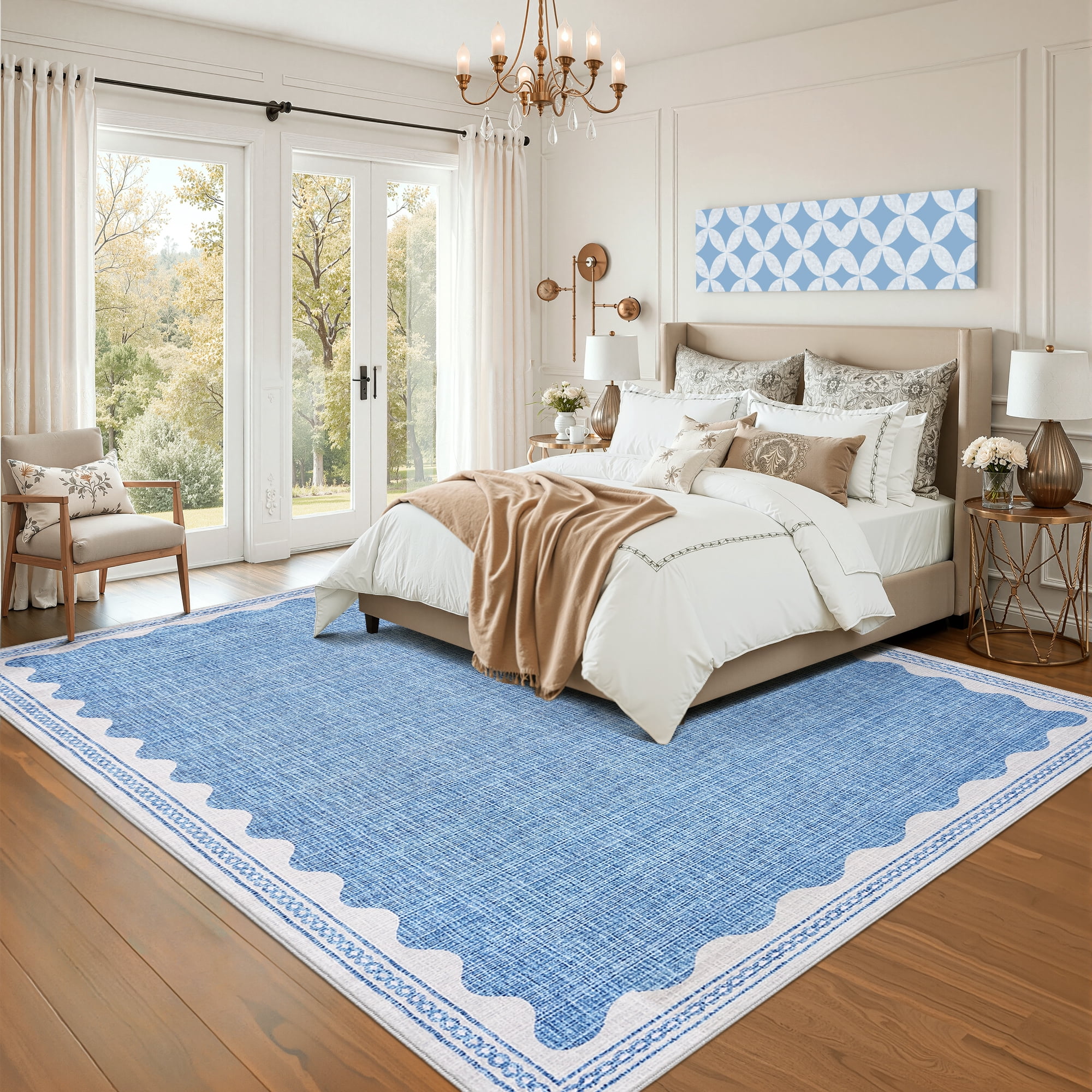 GlowSol 8'x10' Area Rug Washable Modern Scalloped Bordered Pattern Rugs for Living Room Bedroom Soft Non-Slip Low Pile Rug, Blue