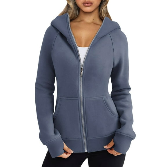 Womens Zip Up Hoodies Fleece Jackets Oversized Sweatshirts Fall Fashion Outfits Sweaters Winter Clothes Slate Blue L