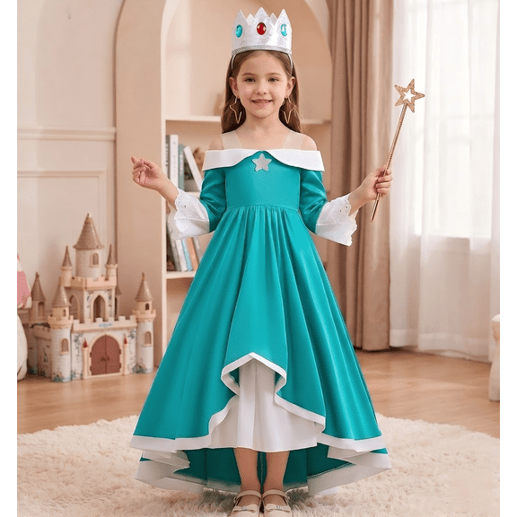 Zydvens G*irls Halloween Princess Cosplay Costume for - High-Low Turquoise Halloween Dress Up Set with Accessories - for Halloween Cosplay Dress Up（Style A）